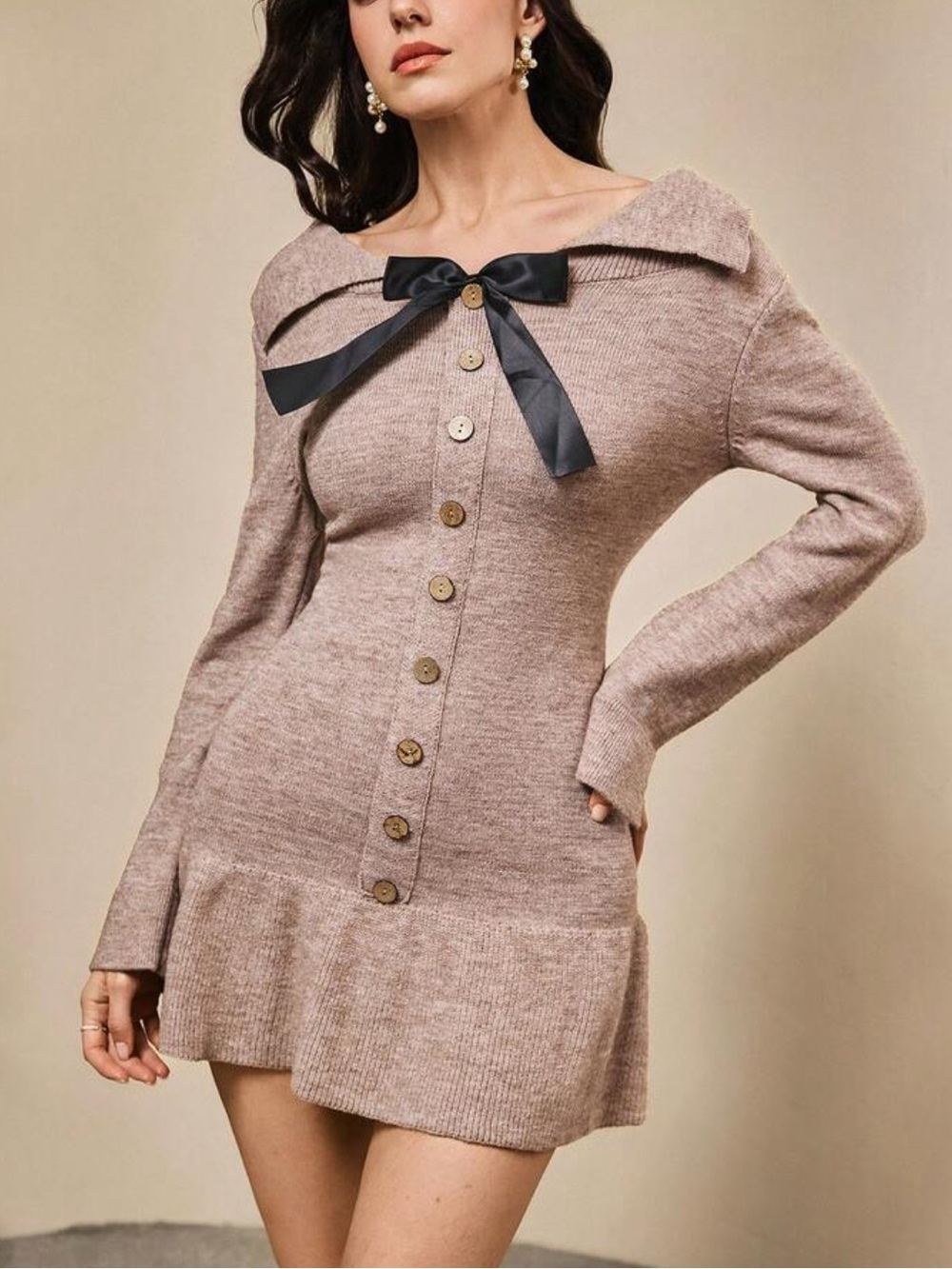 Women's Elegant Off Shoulder Bowknot Single-Breasted Fitted Pleated